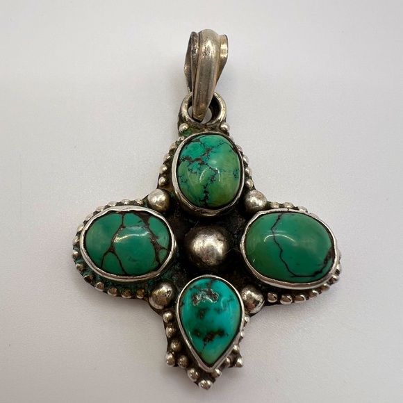 Hand Crafted Jewelry - Large Turquoise Sterling Silver 925 Necklace Pendant